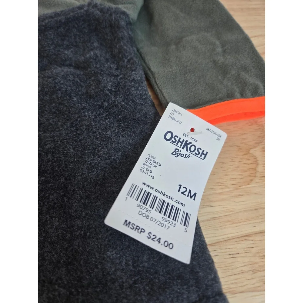 OshKosh B'gosh Baby Boys 12M Fleece Quarter Zip Pullover Olive Gray Orange NWT